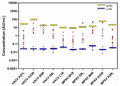 MPXV and VACV specific IgG were measured at higher concentrations in all human serum samples compared to the negatives which have concentrations ~0.01 &ndash; 0.10 AU/mL.